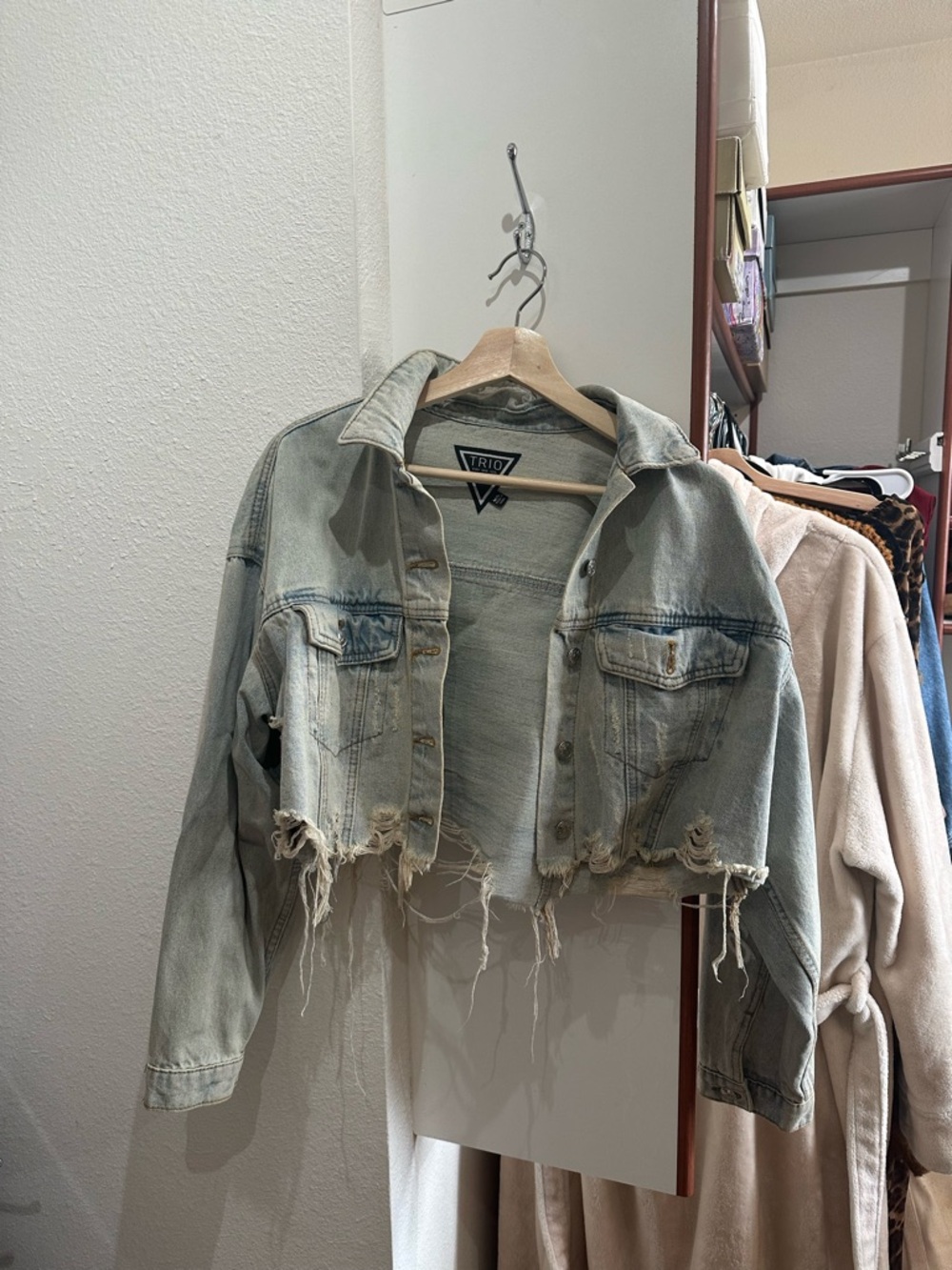 Trio New York Distressed Light Wash Denim Crop Jacket